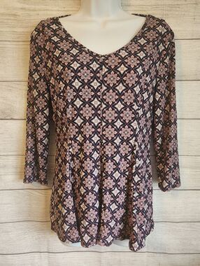 Roz & Ali Top Small Boho Floral Medallion Peplum Long Sleeve Chic